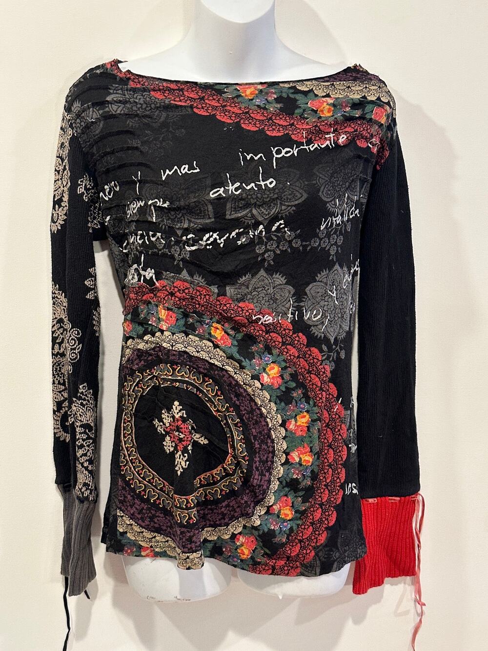 Desigual Vintage Y2K Mandala Script Graphic Layered Long Sleeve Top Large